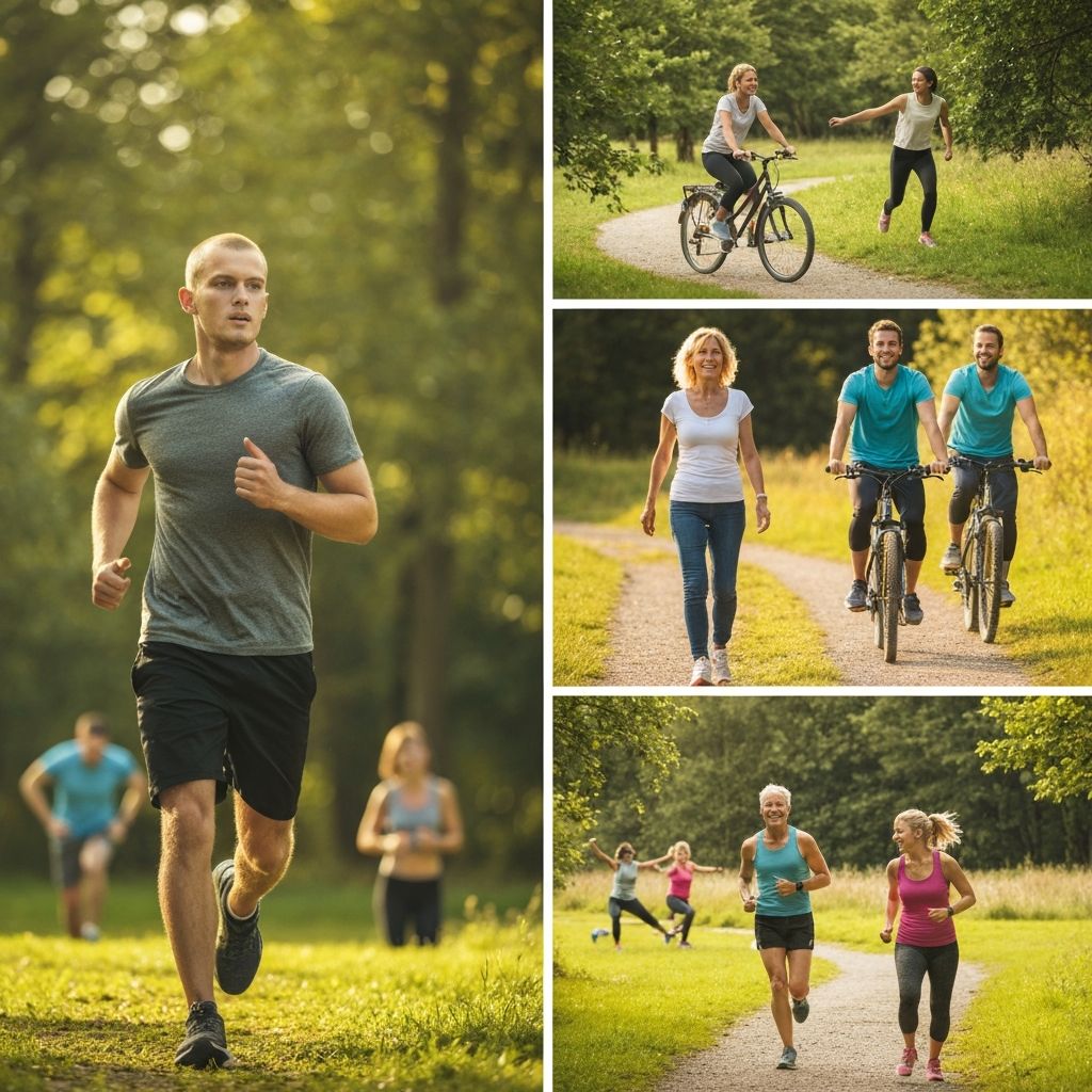 People enjoying various physical activities in outdoor settings