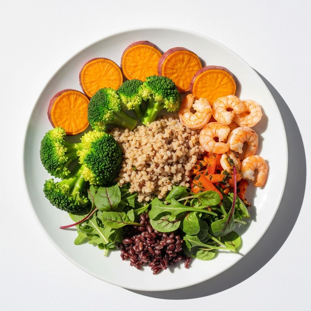 Colorful plate with diverse vegetables, grains, and proteins